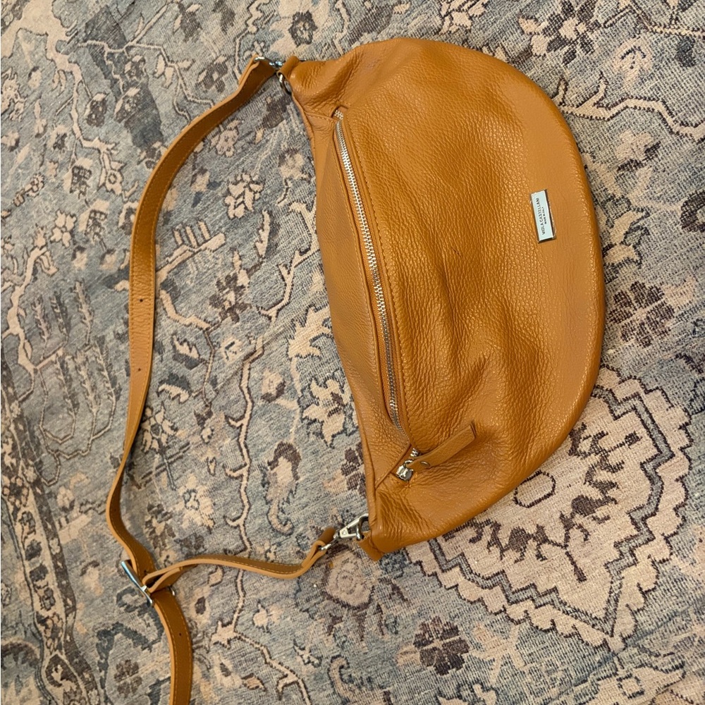 Pebbled Leather Crescent Crossbody Bag in Cognac by